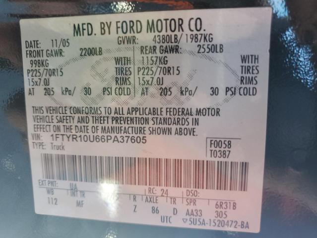 1FTYR10U66PA37605 - 2006 FORD RANGER BLACK photo 12