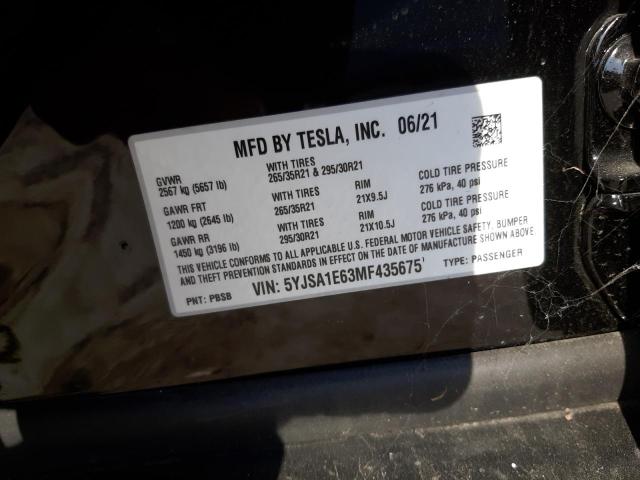 5YJSA1E63MF435675 - 2021 TESLA MODEL S Qara foto 12