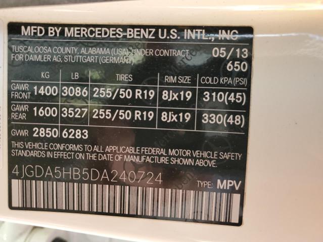 4JGDA5HB5DA240724 - 2013 MERCEDES-BENZ ML 350 4MATIC WHITE photo 13