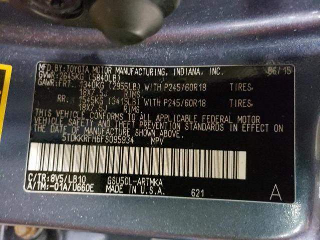 5TDKKRFH6FS095934 - 2015 TOYOTA HIGHLANDER XLE BLUE photo 13