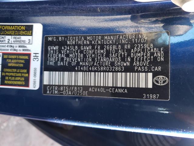 4T4BE46K58R032863 - 2008 TOYOTA CAMRY CE BLUE photo 12