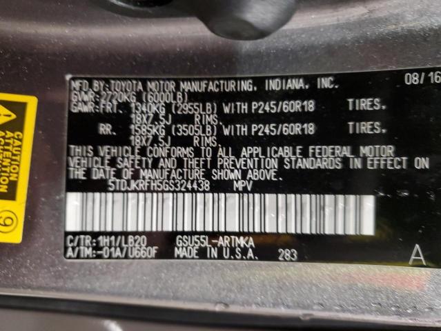 5TDJKRFH5GS324438 - 2016 TOYOTA HIGHLANDER XLE GRAY photo 13
