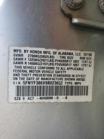 5FNYF386X9B023652 - 2009 HONDA PILOT EXL SILVER photo 13