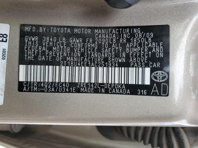 2T1BU4EE1AC251934 - 2010 TOYOTA COROLLA BASE GOLD photo 12