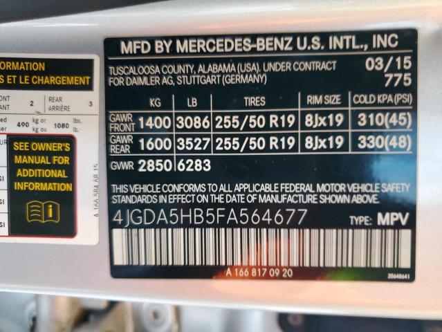 4JGDA5HB5FA564677 - 2015 MERCEDES-BENZ ML 350 4MATIC SILVER photo 12