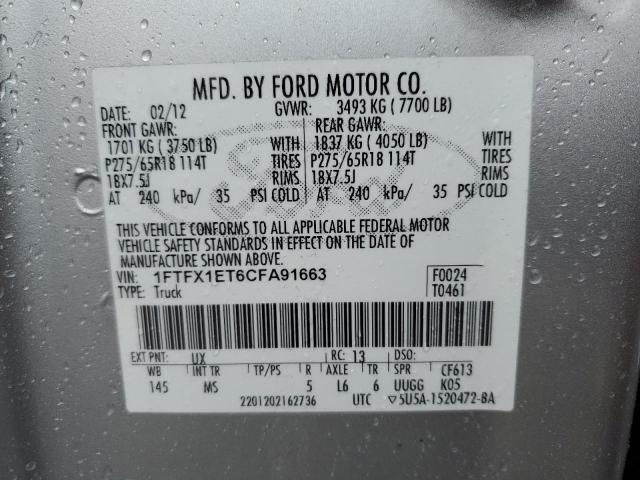 1FTFX1ET6CFA91663 - 2012 FORD F150 SUPER CAB SILVER photo 12