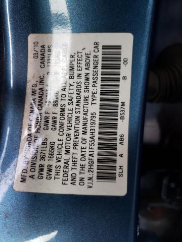 2HGFA1F55AH319795 - 2010 HONDA CIVIC LX BLUE photo 12