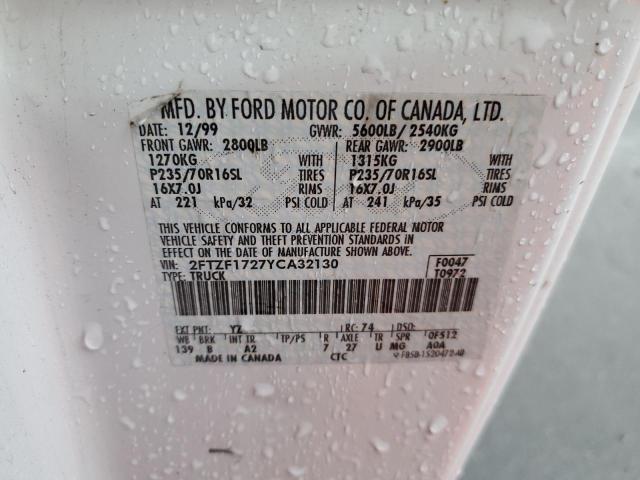 2FTZF1727YCA32130 - 2000 FORD F150 WHITE photo 12