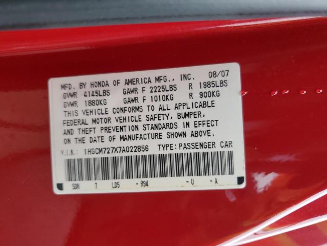 1HGCM727X7A022856 - 2007 HONDA ACCORD EX RED photo 12