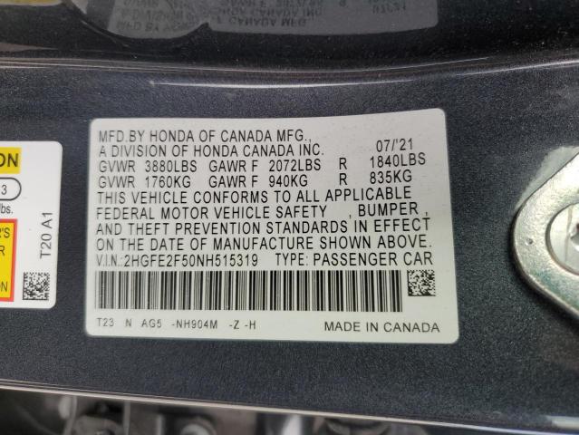 2HGFE2F50NH515319 - 2022 HONDA CIVIC SPORT GRAY photo 13