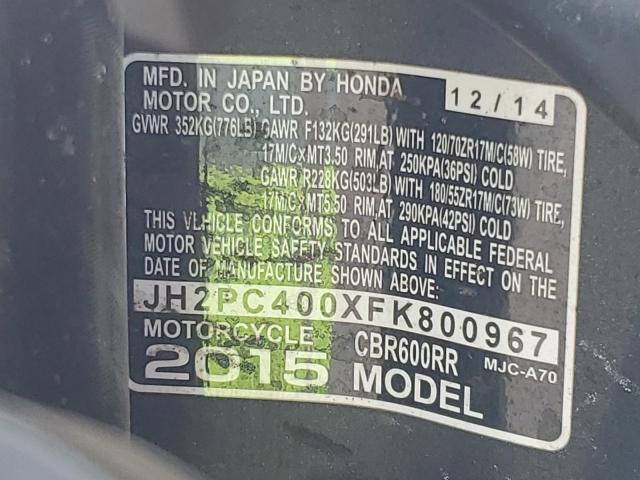 JH2PC400XFK800967 - 2015 HONDA CBR600 RR TWO TONE photo 10