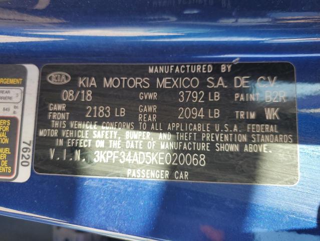 3KPF34AD5KE020068 - 2019 KIA FORTE GT LINE BLUE photo 12