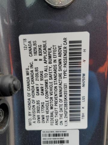 2HGFC3B35KH351531 - 2019 HONDA CIVIC EX Gris photo 12