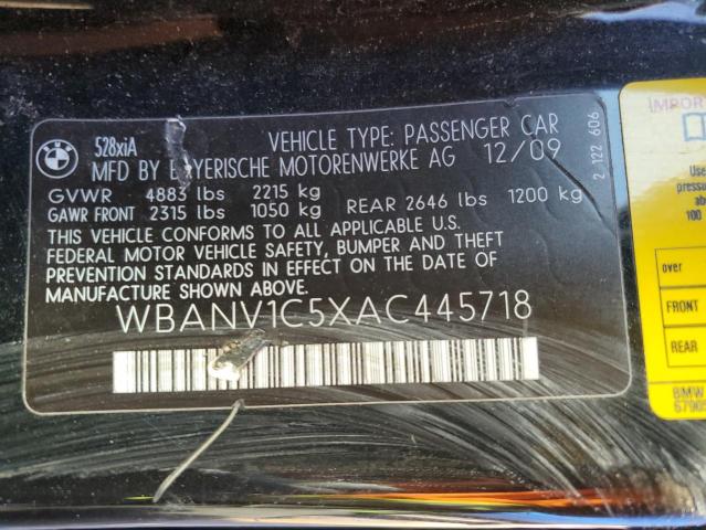 WBANV1C5XAC445718 - 2010 BMW 528 XI BLACK photo 12