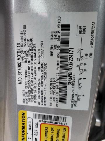 3FA6P0HDXJR224171 - 2018 FORD FUSION SE WHITE photo 12