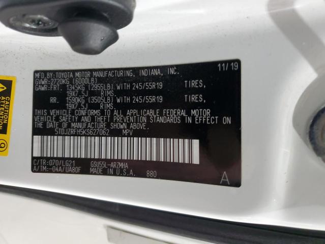 5TDJZRFH5KS627062 - 2019 TOYOTA HIGHLANDER SE WHITE photo 13