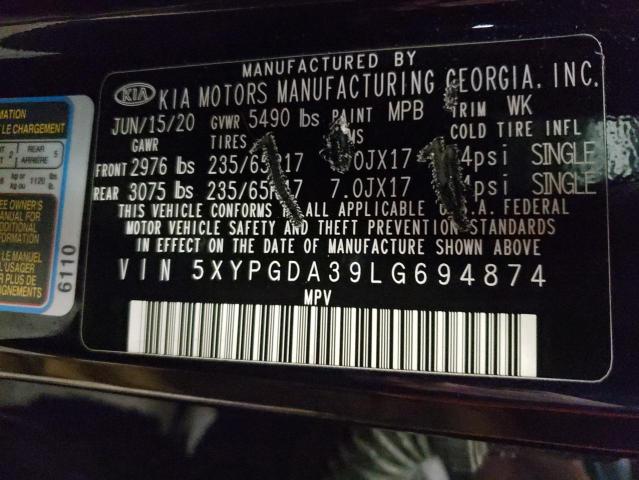 5XYPGDA39LG694874 - 2020 KIA SORENTO L BLUE photo 13