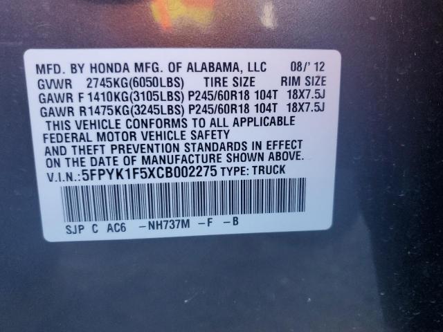 5FPYK1F5XCB002275 - 2012 HONDA RIDGELINE RTL GRAY photo 12