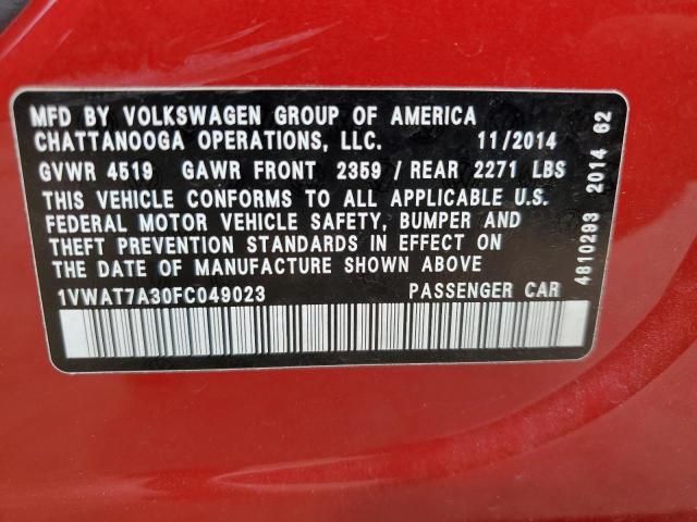 1VWAT7A30FC049023 - 2015 VOLKSWAGEN PASSAT S RED photo 12