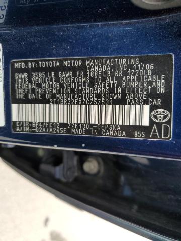 2T1BR32EX7C757531 - 2007 TOYOTA COROLLA CE BLUE photo 12