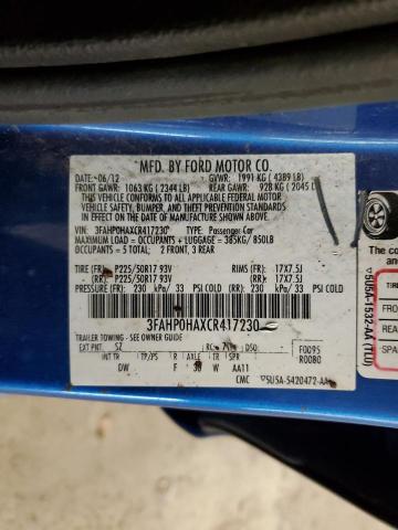 3FAHP0HAXCR417230 - 2012 FORD FUSION SE BLUE photo 12