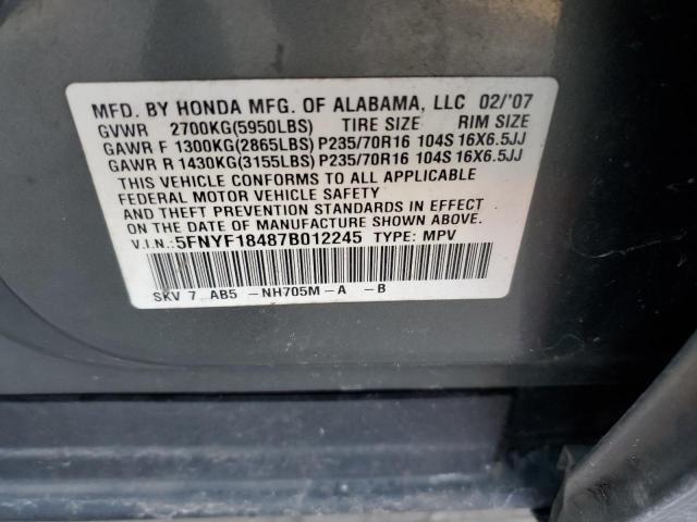 5FNYF18487B012245 - 2007 HONDA PILOT EX GRAY photo 12