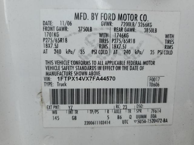 1FTPX14VX7FA44570 - 2007 FORD F 150 WHITE photo 12