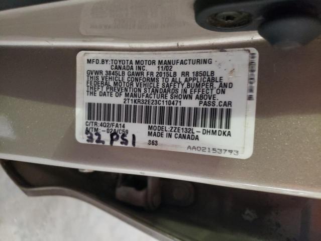 2T1KR32E23C110471 - 2003 TOYOTA COROLLA MA XR BEIGE photo 13