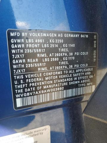 WVGBV7AX9AW003892 - 2010 VOLKSWAGEN TIGUAN SE BLUE photo 12