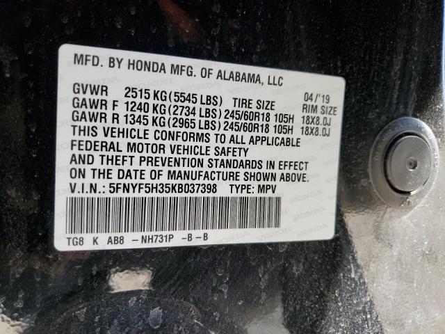 5FNYF5H35KB037398 - 2019 HONDA PILOT EX BLACK photo 13