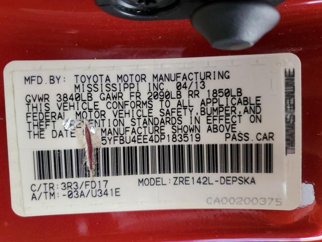 5YFBU4EE4DP183519 - 2013 TOYOTA COROLLA BASE RED photo 12