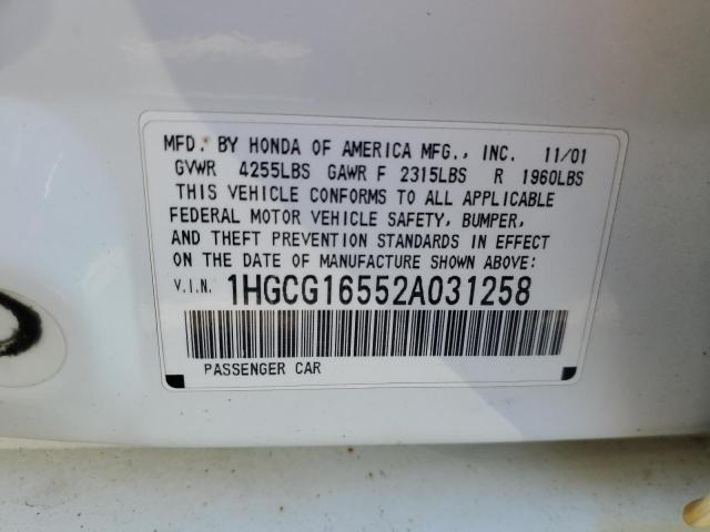 1HGCG16552A031258 - 2002 HONDA ACCORD EX WHITE photo 12