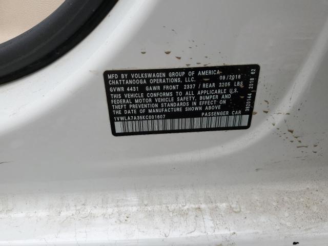 1VWLA7A35KC001607 - 2019 VOLKSWAGEN PASSAT WOLFSBURG WHITE photo 13