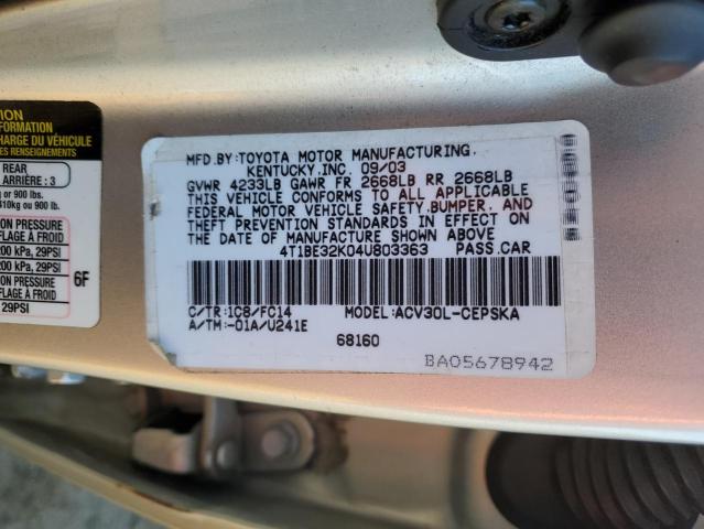 4T1BE32K04U803363 - 2004 TOYOTA CAMRY LE SILVER photo 13