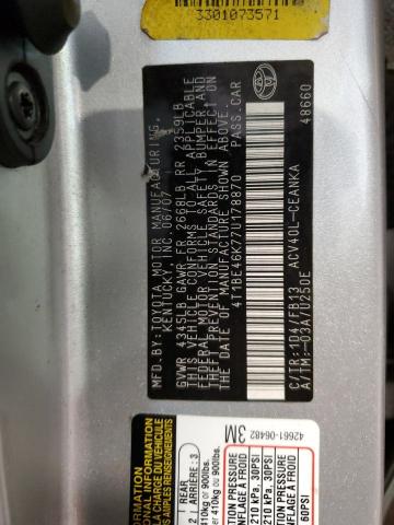 4T1BE46K77U178870 - 2007 TOYOTA CAMRY CE SILVER photo 12