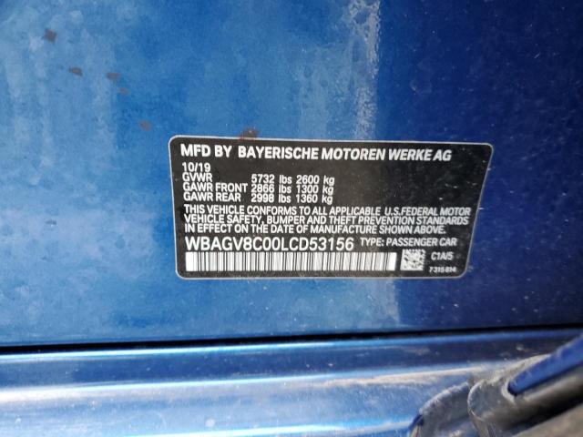 WBAGV8C00LCD53156 - 2020 BMW M850XI BLUE photo 12
