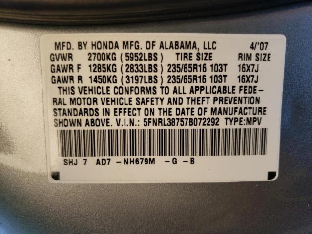 5FNRL38757B072292 - 2007 HONDA ODYSSEY EXL SILVER photo 14