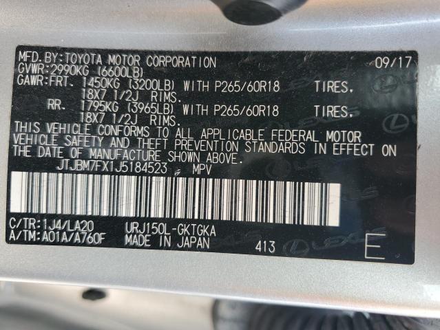 JTJBM7FX1J5184523 - 2018 LEXUS GX 460 SILVER photo 12