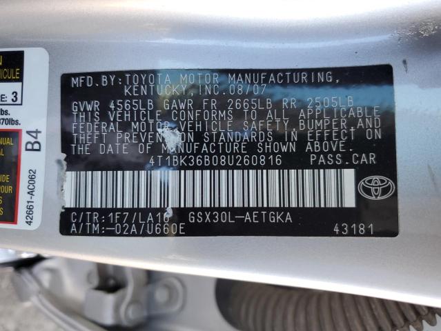 4T1BK36B08U260816 - 2008 TOYOTA AVALON XL SILVER photo 12