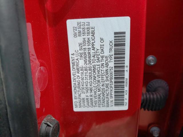 5FPYK3F53PB006752 - 2023 HONDA RIDGELINE RTL RED photo 13