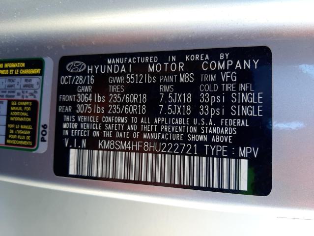 KM8SM4HF8HU222721 - 2017 HYUNDAI SANTA FE SE SILVER photo 14