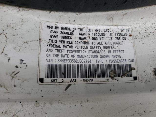 SHHEP33582U302794 - 2002 HONDA CIVIC SI WHITE photo 13