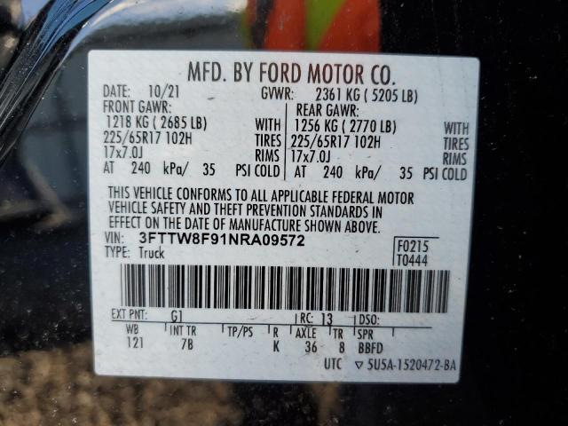 3FTTW8F91NRA09572 - 2022 FORD MAVERICK XL BLACK photo 12