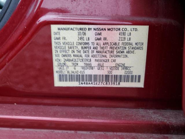 1N4BA41E27C833918 - 2007 NISSAN MAXIMA SE RED photo 12