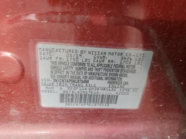 3N1CN7AP9KL875458 - 2019 NISSAN VERSA S RED photo 12