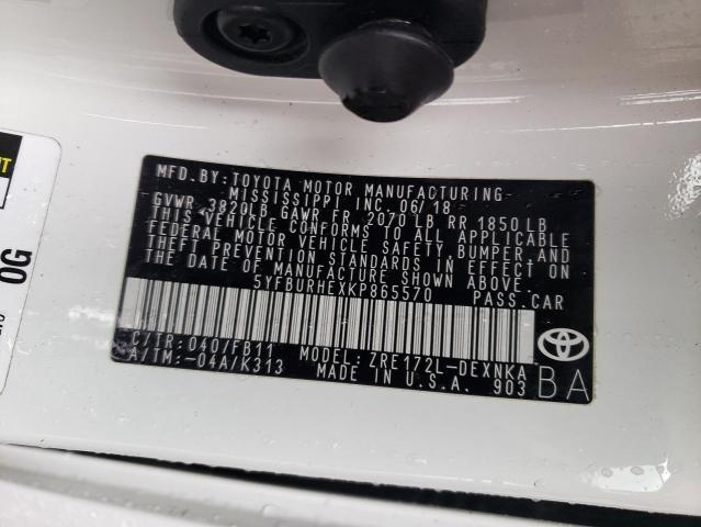 5YFBURHEXKP865570 - 2019 TOYOTA COROLLA L WHITE photo 12