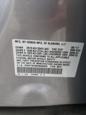 5FNYF5H99HB030628 - 2017 HONDA PILOT TOURING SILVER photo 12