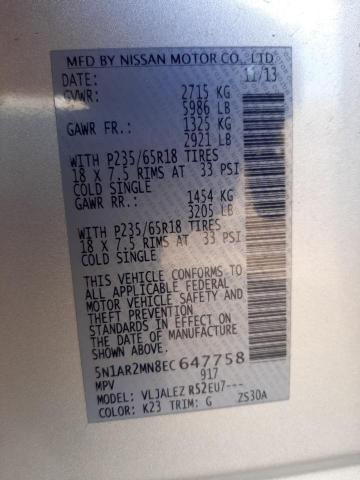 5N1AR2MN8EC647758 - 2014 NISSAN PATHFINDER S SILVER photo 12