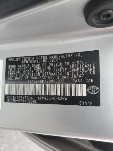 4T1BE46K79U880836 - 2009 TOYOTA CAMRY BASE SILVER photo 12