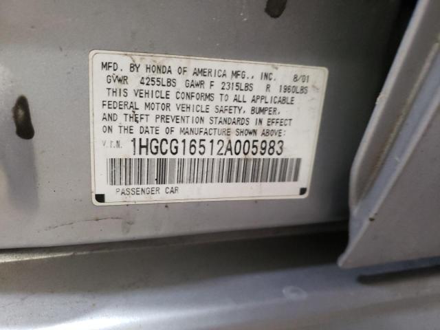 1HGCG16512A005983 - 2002 HONDA ACCORD EX SILVER photo 12